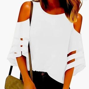Women’s Cold Shoulder Loose Blouse 3/4 Bell Mesh Sleeve White